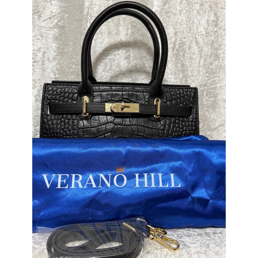 Verano Hill Marseille Black Croc Embossed Satchel Handbag Gold Hardware New - Picture 11 of 12